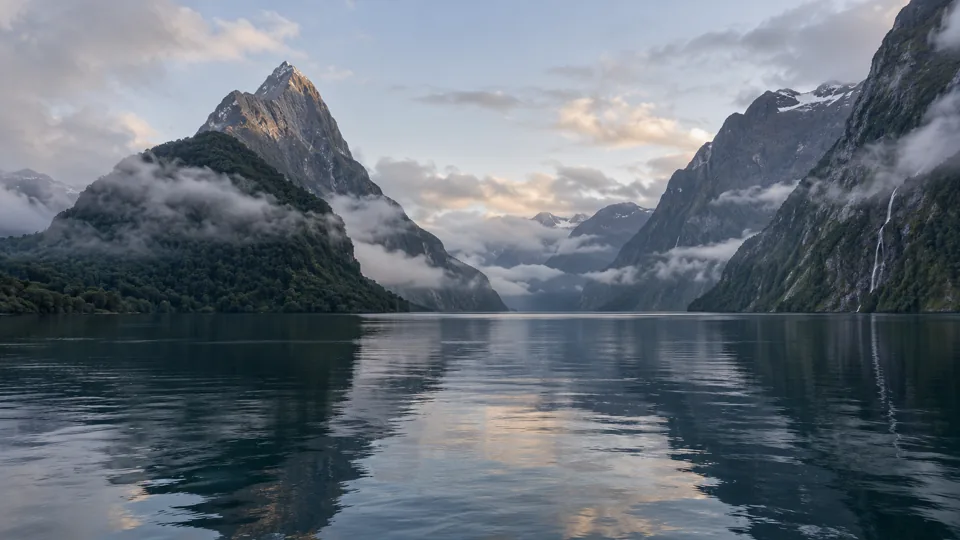 Mitre Peak above the water of Milford Sound in Fiordland, New Zealand
