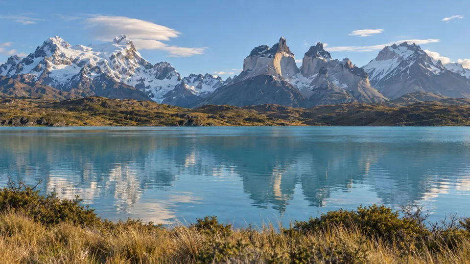The Cuernos del Paine above Lago Pehoe in Torres del Paine National Park, Chile