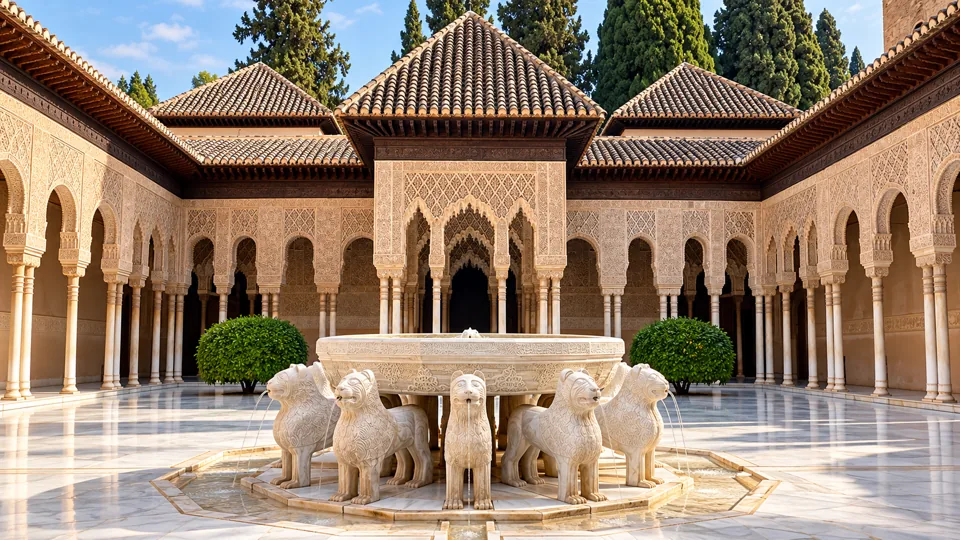 Court of the Lions fountain and delicate marble arcades
