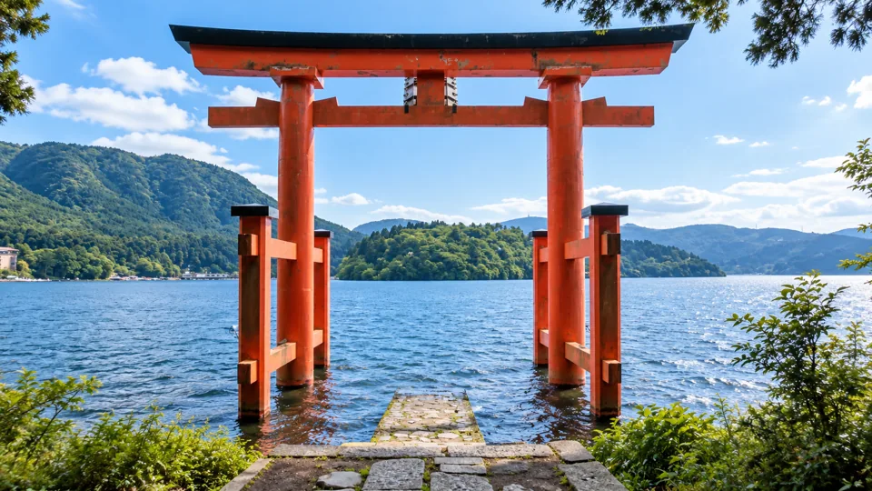 Red lakeside torii at Hakone shrine on Lake Ashi