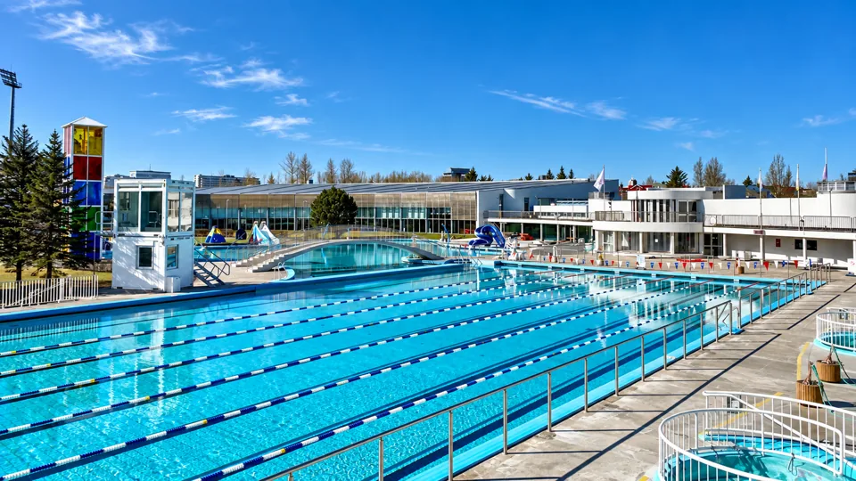 Empty outdoor municipal swimming pool at Laugardalslaug