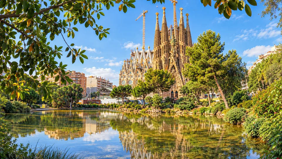 Nativity facade and its towers across the pond in Placa Gaudi