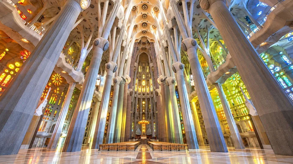 Tree-like columns and stained glass inside the Sagrada Familia