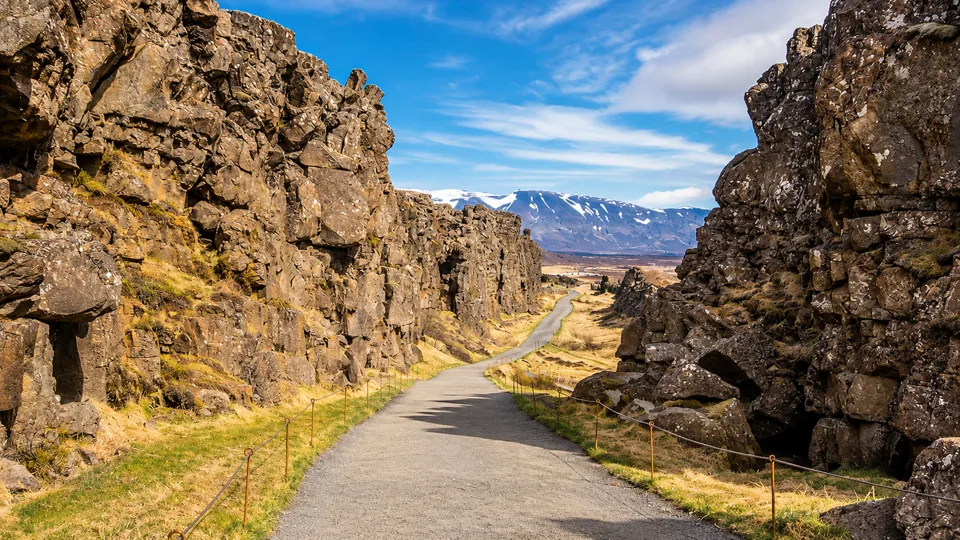 Basalt rift walls and walking path at Almannagja
