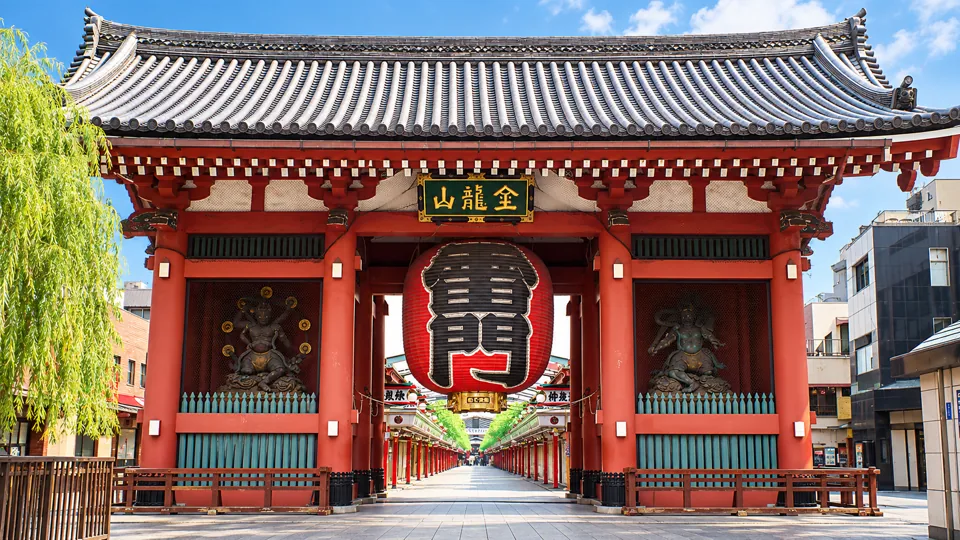 Kaminarimon gate with large red lantern and real temple structure