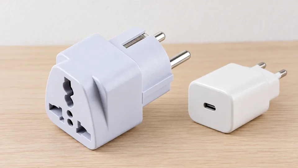 Unbranded European two round pin adapter beside phone charger