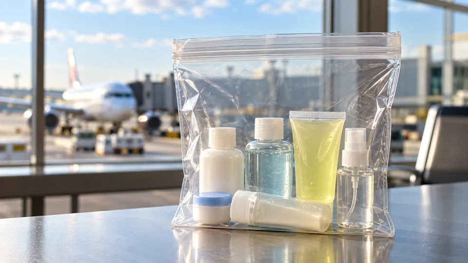 Clear one liter resealable bag containing small unbranded toiletry containers
