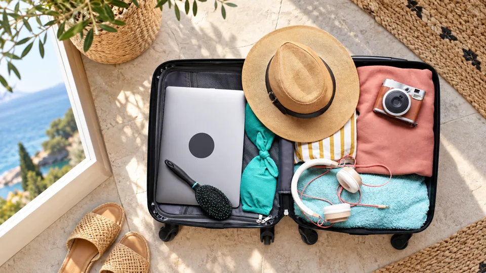 Open compact suitcase with neatly packed neutral clothes and travel essentials