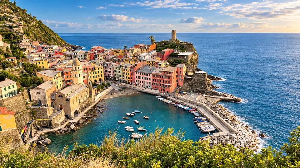 Colorful houses around small harbor with Doria castle