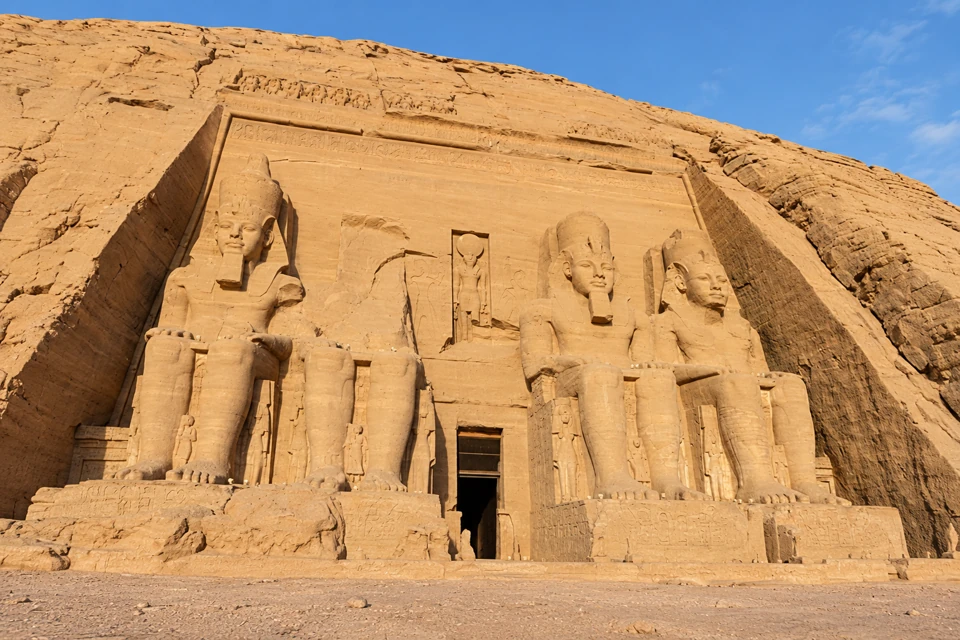 Abu Simbel's Great Temple facade with the second seated colossus broken above its lower body.