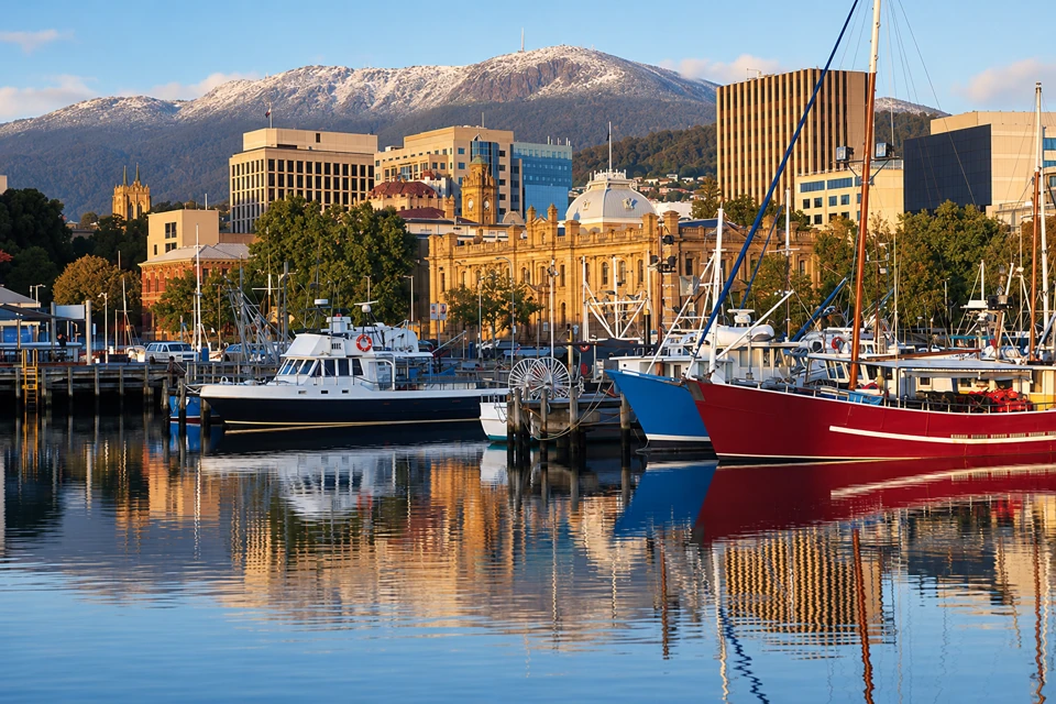 Fishing vessels in Hobart Constitution Dock below waterfront buildings and snowy kunanyi Mount Wellington