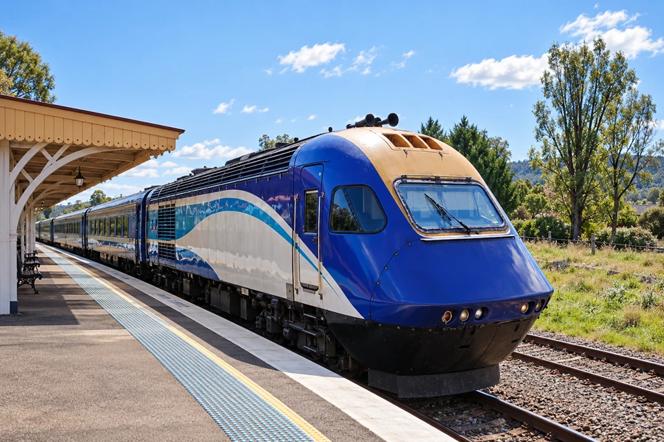 A blue and cream NSW XPT power car and single-level passenger coaches at a small regional station platform.