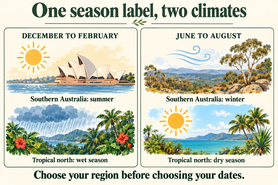 December to February is southern Australia's summer and the tropical north's wet season; June to August is southern winter and the northern dry season.