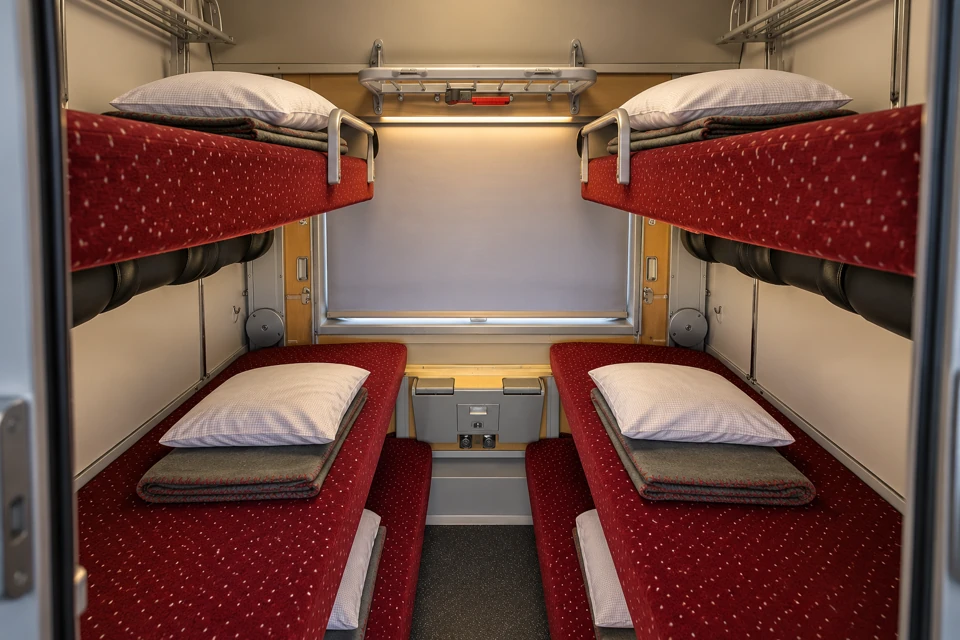 Conventional Nightjet couchette compartment with stacked burgundy berths, pillows and folded blankets.