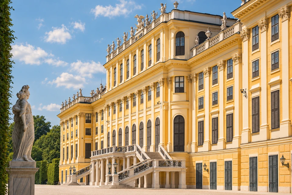 The yellow garden facade of Schoenbrunn Palace in Vienna, with dark shutters, stone roof sculptures and twin exterior stairs.