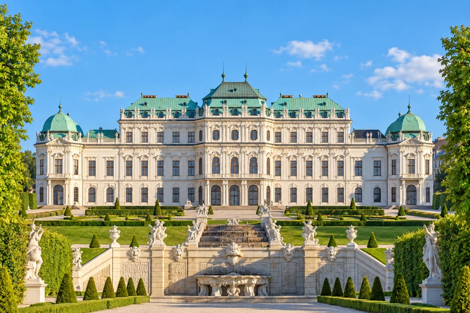The Upper Belvedere in Vienna, with a broad pale Baroque facade, green copper roofs and corner domes above a formal garden and stone cascade.