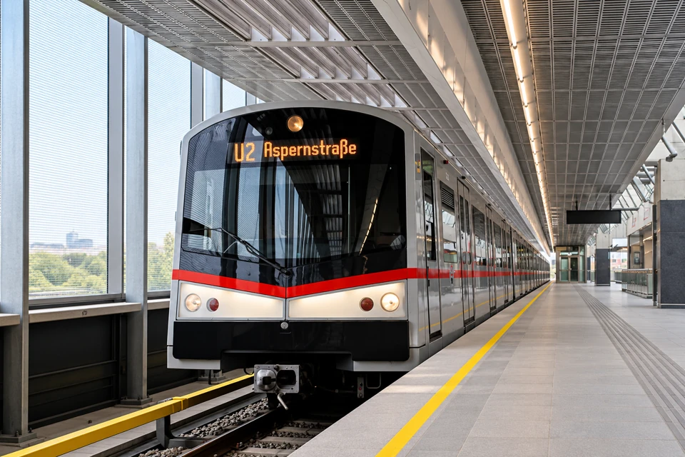 A silver Wiener Linien Type V U-Bahn train with a red stripe and curved black cab at a covered station platform in Vienna.