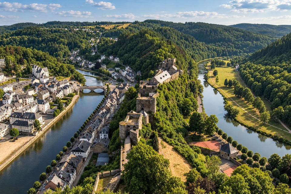 Bouillon Castle on a narrow wooded ridge between the two sides of a Semois river bend, with the slate-roofed town alongside.