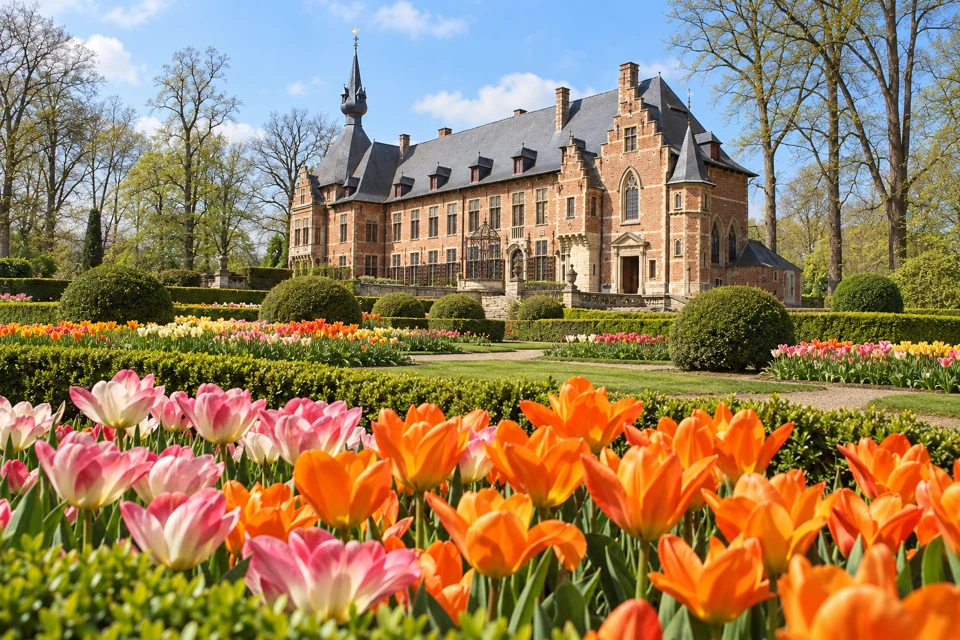 Orange and pink spring tulips in front of Groot-Bijgaarden Castle near Brussels.