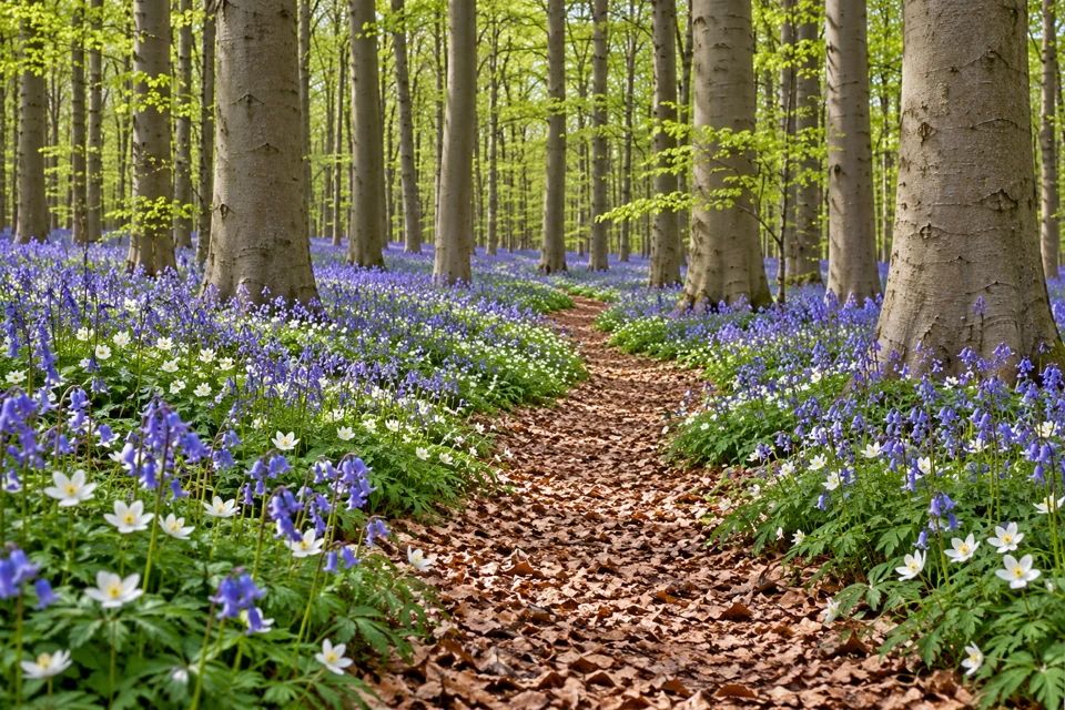 A leaf-covered path between Hallerbos beech trees, with bluebells and white wood anemones in spring.