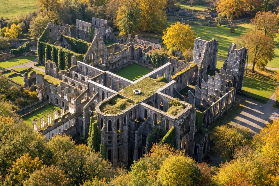 An elevated view of Villers Abbey's roofless Gothic church, cloister and stone ruins among autumn trees.