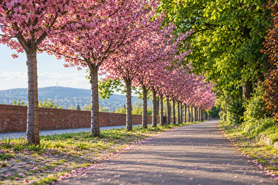 Pink cherry trees along the brick parapet of Toth Arpad Promenade in Budapest.