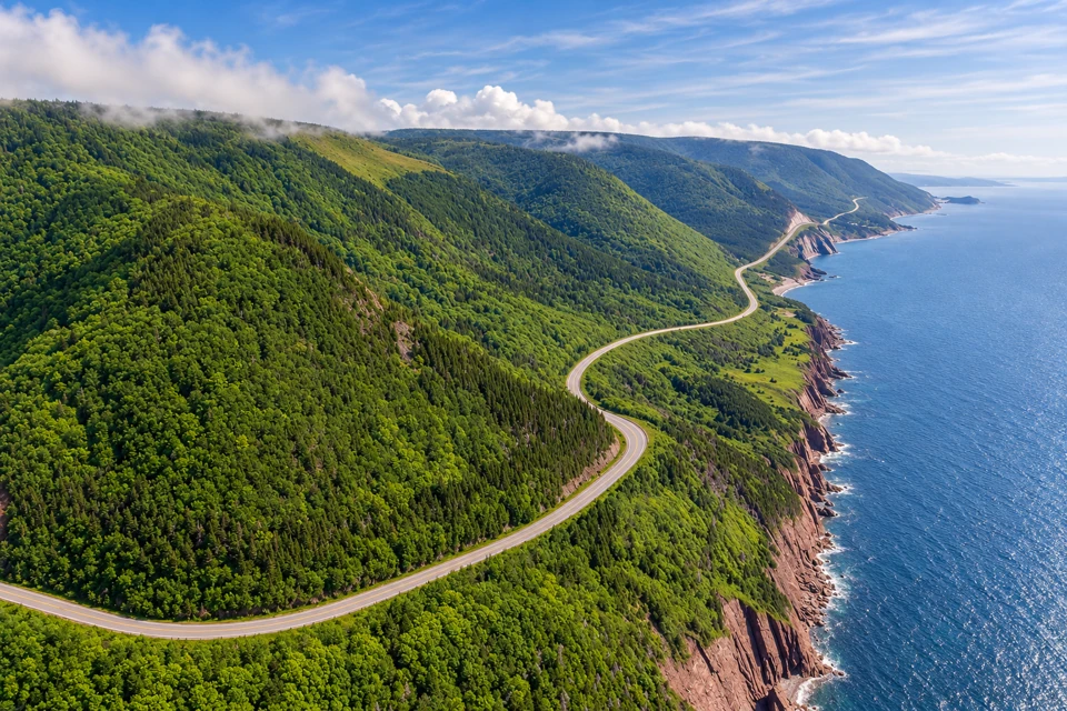 The Cabot Trail winds above rocky cliffs and the Atlantic beneath green Cape Breton highlands.