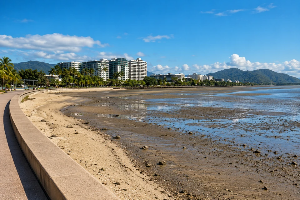 Exposed tidal mudflats beside Cairns Esplanade's curved seawall, palms and waterfront buildings.