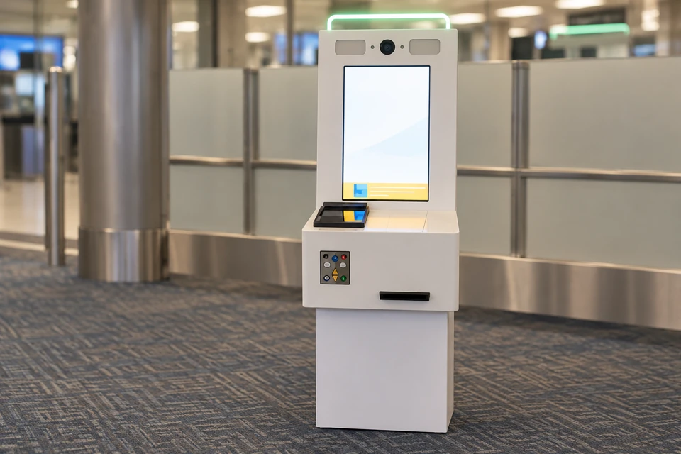 A white CBSA primary inspection kiosk with a green-lit upper rim, camera, passport reader and receipt slot.