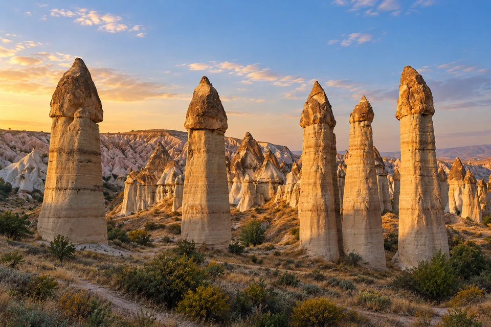 Tall pale tuff fairy chimneys with darker rock caps among smaller eroded cones and ridges in Cappadocia near Goreme.