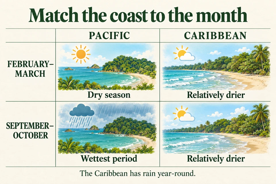 February and March bring Pacific dry season and a relatively drier Caribbean; September and October bring Pacific rain and a relatively drier Caribbean.