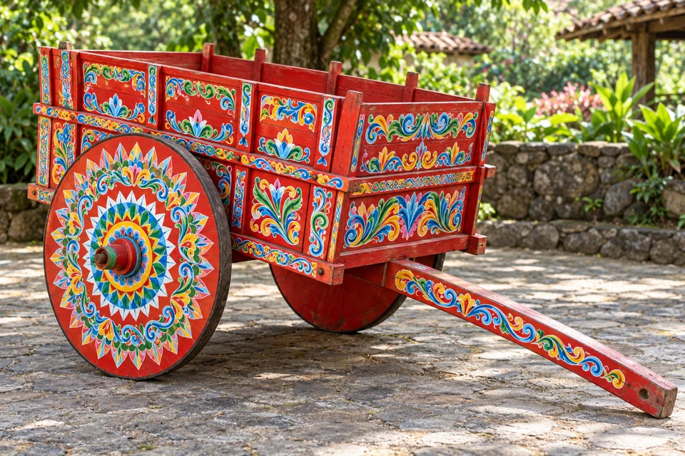 Traditional red Costa Rican wooden oxcart with painted floral panels, solid disk wheels and a long draft pole.