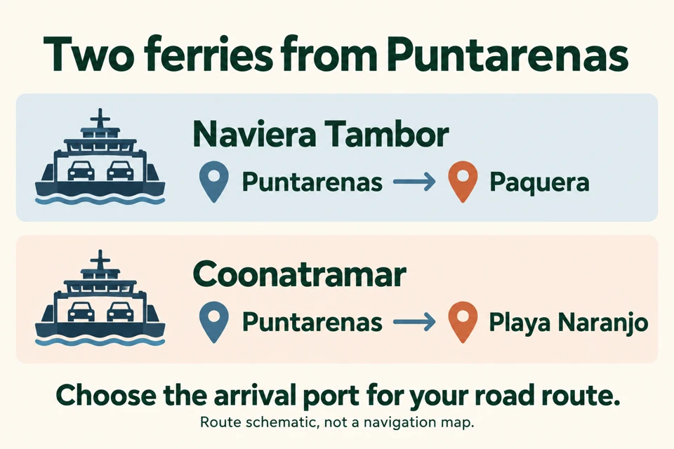 Two ferry options from Puntarenas: Naviera Tambor to Paquera and Coonatramar to Playa Naranjo.