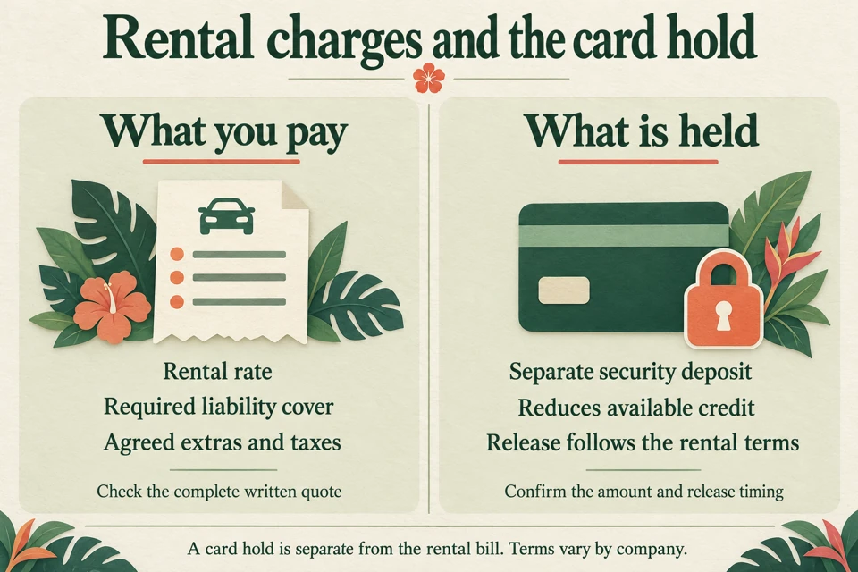 Rental charges include the rate, required liability cover, agreed extras and taxes; a separate security hold reduces available credit and is released under the rental terms.