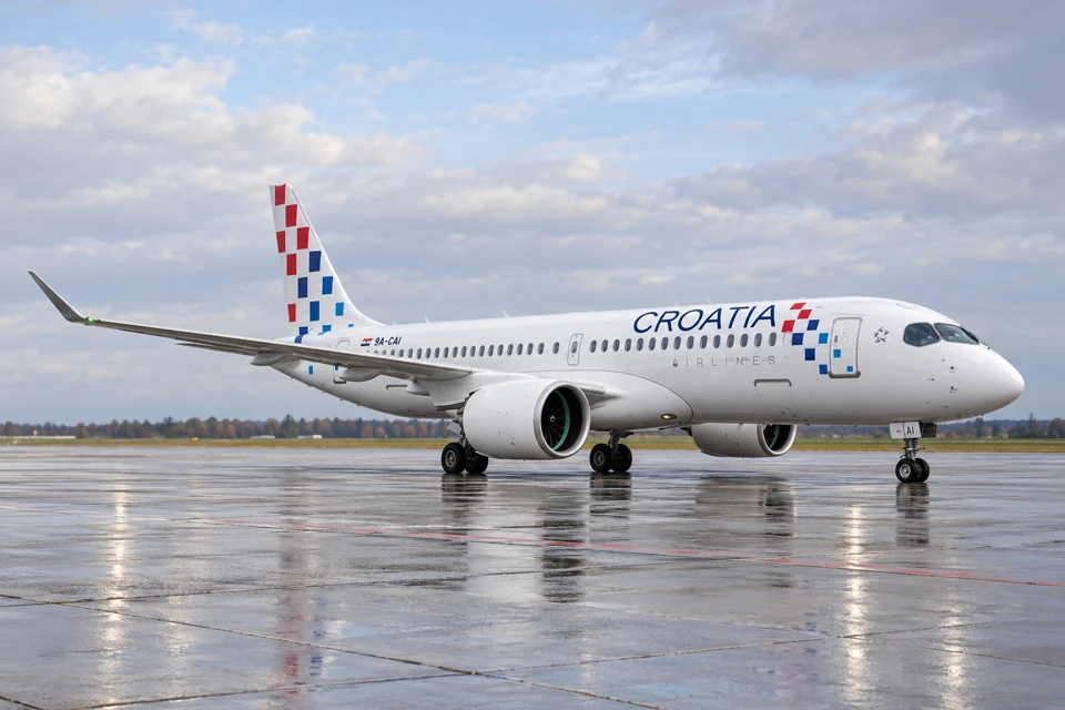 Croatia Airlines Airbus A220-300 on an apron, with white fuselage and red-blue checker squares on its tail.