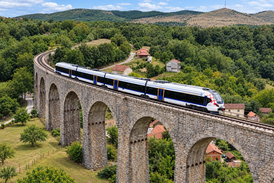 An HZPP hybrid electro-diesel train with a white body, dark window band and checker-pattern cab crossing a curved stone viaduct.