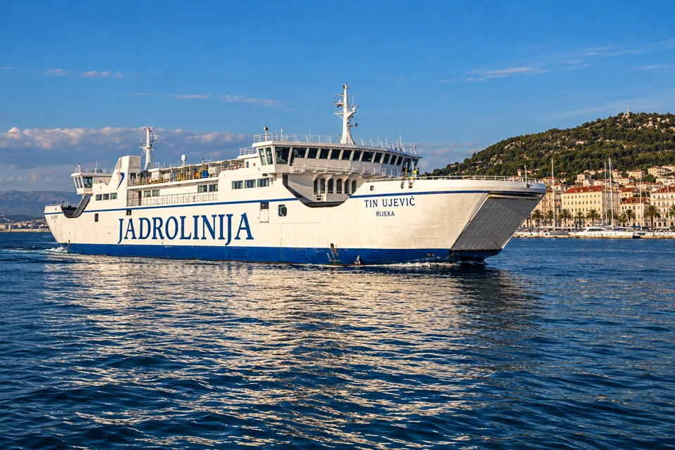 Jadrolinija's white and blue Tin Ujevic car ferry off Split's waterfront, with its raised bow ramp and wooded Marjan hill behind.