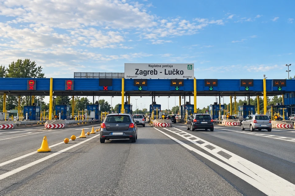 Approaching Zagreb-Lucko's motorway toll plaza, with a blue canopy, yellow posts and marked open and closed lanes.