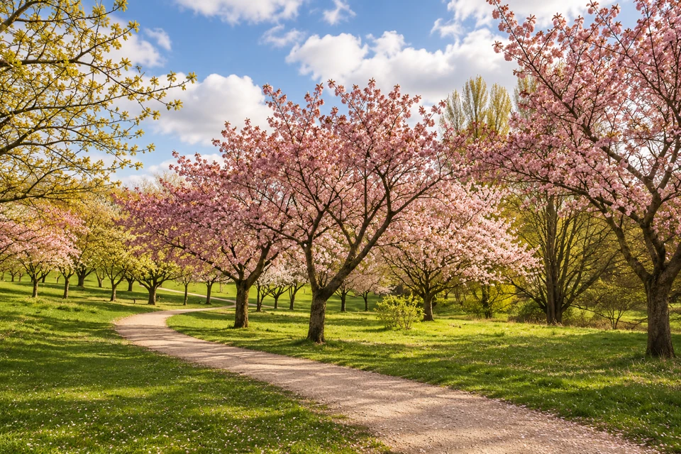 A curving gravel path beneath pink spring cherry blossoms in Mindeparken, Aarhus.