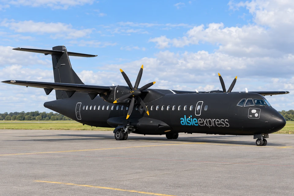 A black Alsie Express ATR 72-500 with high wings, six-bladed propellers, a T-tail and light blue and gray fuselage lettering, parked on an apron.