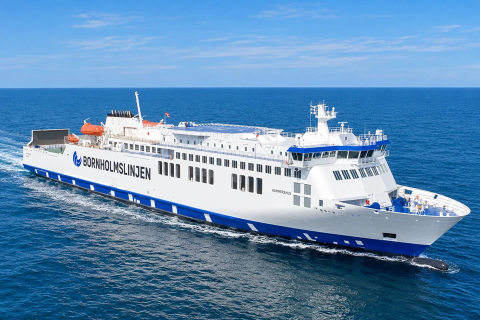 Bornholmslinjen's white Hammershus ferry with a pointed single bow, blue waterline band, forward bridge and orange lifeboat aft.