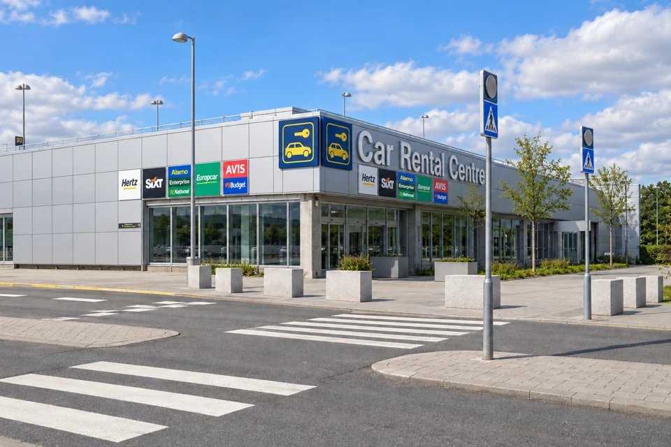 Copenhagen Airport's silver-paneled Car Rental Centre with its large title, yellow car-and-key sign, glass entrance and zebra crossing.