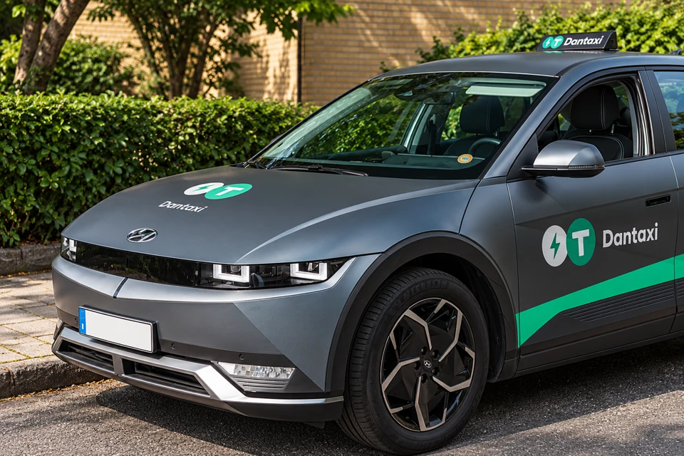 The front and door of a gray Hyundai Ioniq 5 Dantaxi with pixel-style headlamps, green door symbols and a Dantaxi roof sign, parked with an empty cabin.