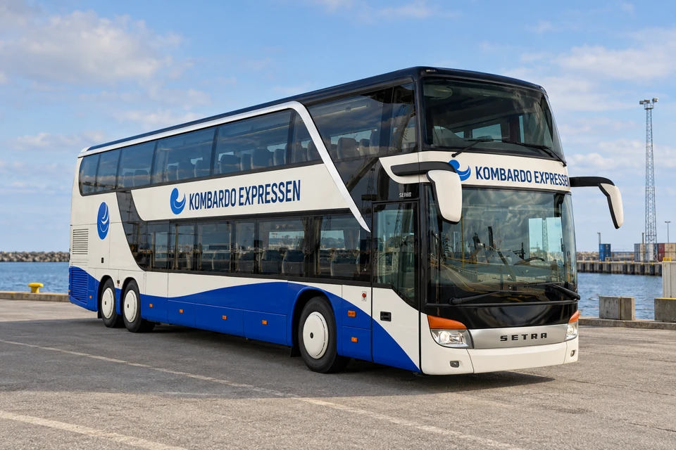 A white and deep blue Setra double-decker Kombardo Expressen coach with three axles parked on a quiet harbor apron.