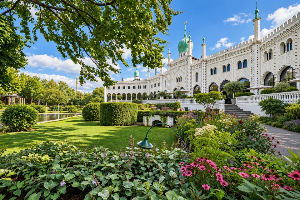 Nimb's white ornamented facade and green domes overlooking leafy summer gardens at Tivoli in Copenhagen.