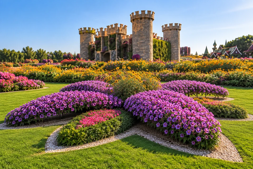 Purple flower beds and the castle display at Dubai Miracle Garden.