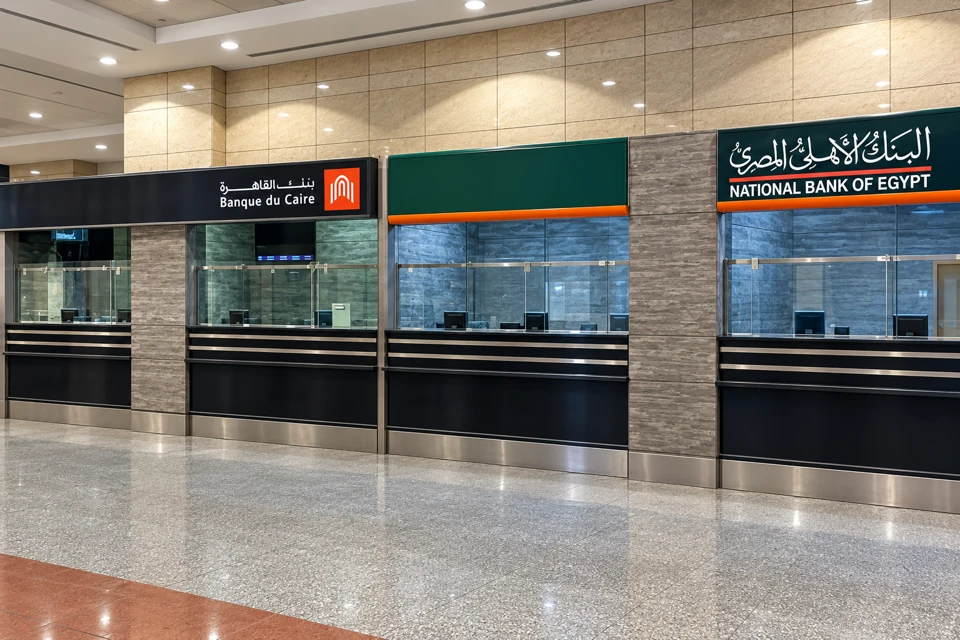Glass-fronted Banque du Caire and National Bank of Egypt counters in the Cairo airport arrivals hall.