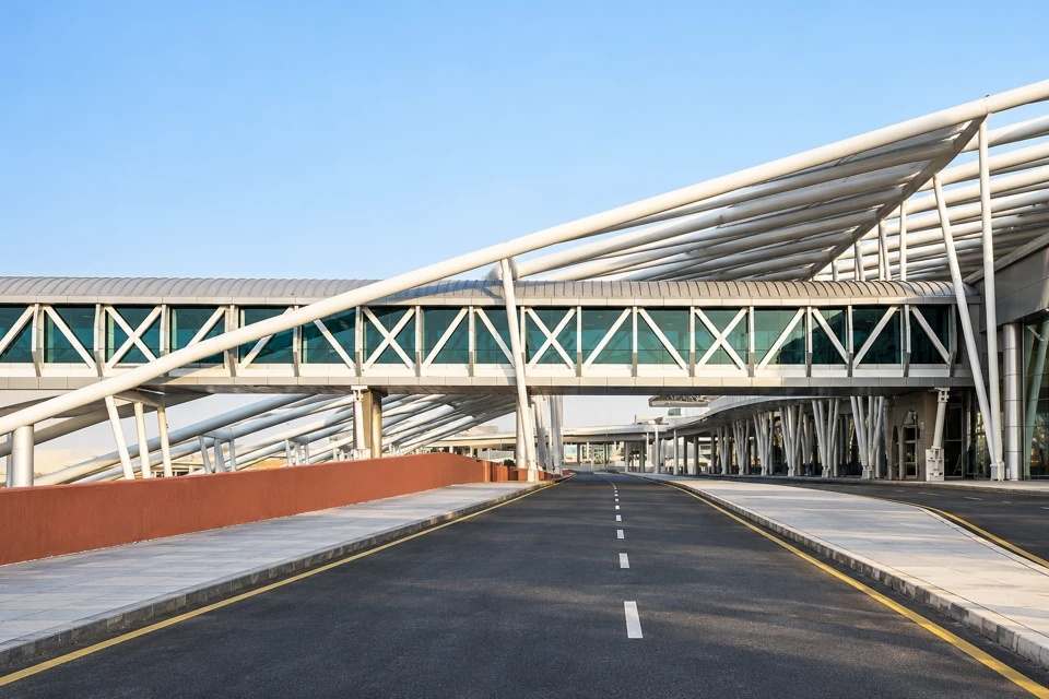 Cairo International Airport Terminal 3 approach beneath a white X-braced pedestrian bridge and diagonal steel canopy.