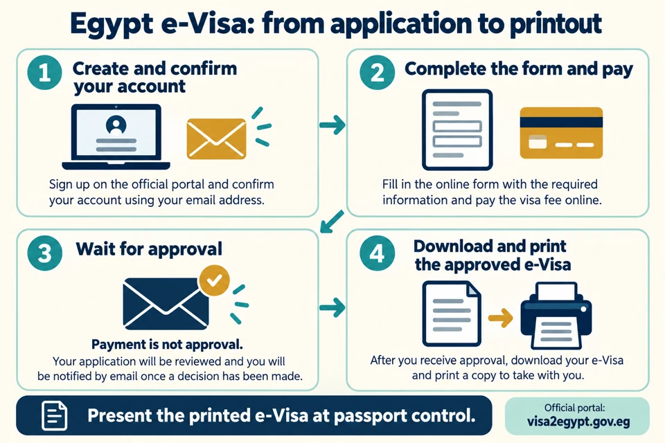 Four stages for an Egypt e-Visa: confirm account, complete form and pay, await approval, then download and print the approved visa.