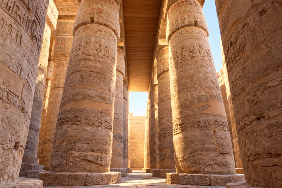 Massive carved sandstone columns and ancient lintels inside the Great Hypostyle Hall at Karnak in Luxor.